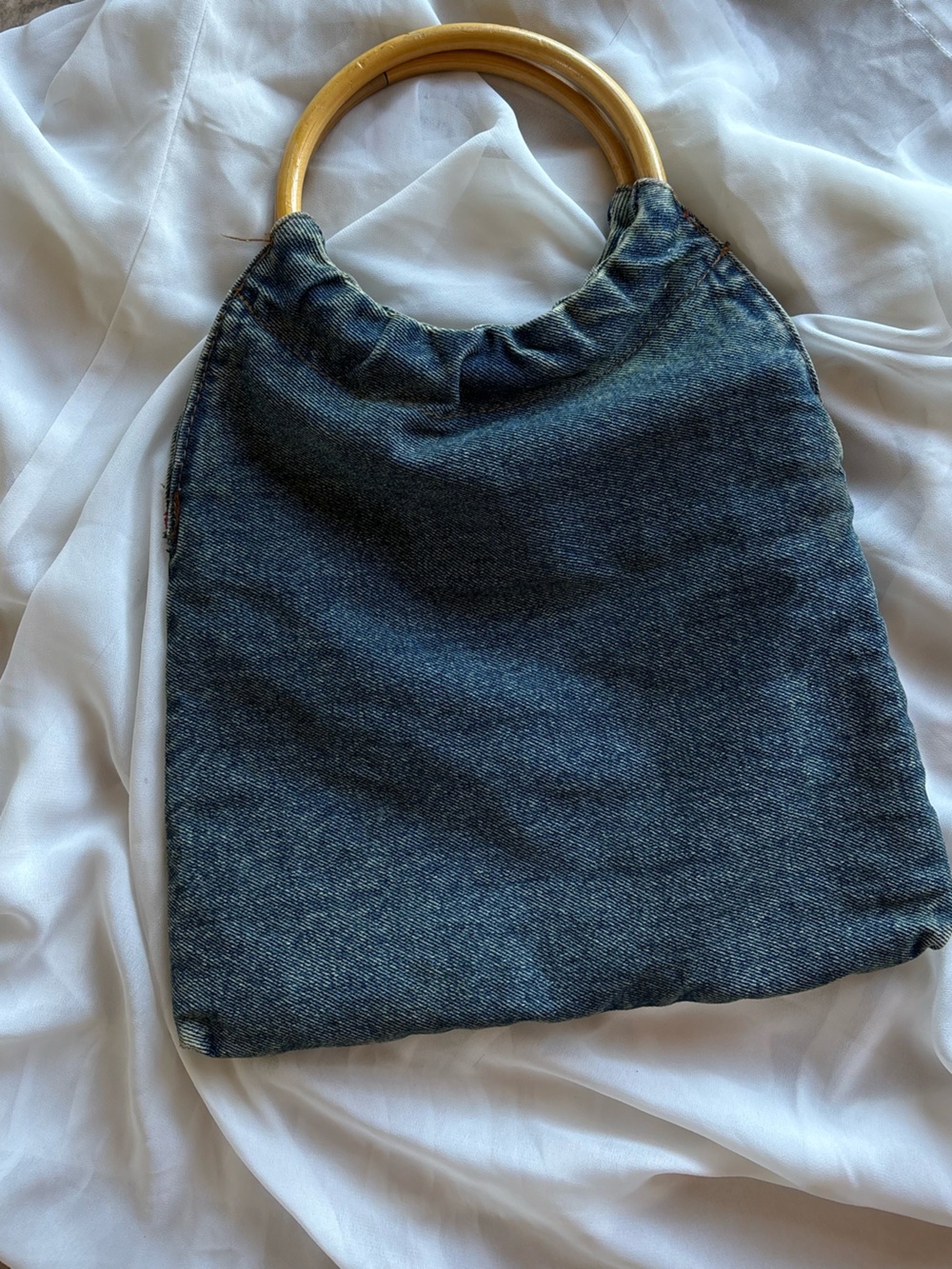 Vintage Y2K Denim Blues Upcycled Repurposed Skirt Small Hand Purse Bamboo Handle - Picture 2 of 6